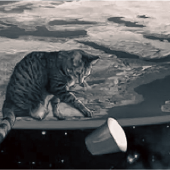 A cat on a flat earth tipping a cup over